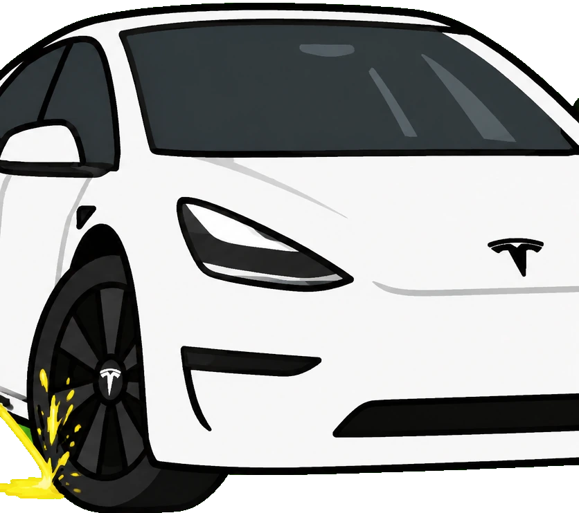 the front of a white electric car, headlight open, a yellow puddle spreading under the tire